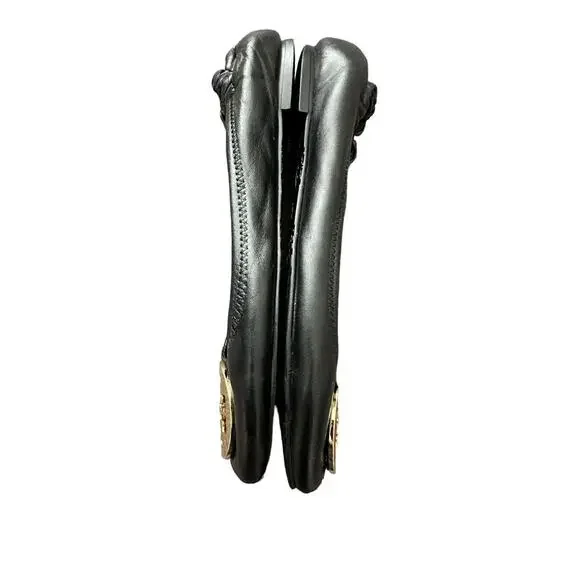 Tory Burch Reva Black Leather Gold Logo Medallion Ballet Flats Size 7 - Picture 9 of 12